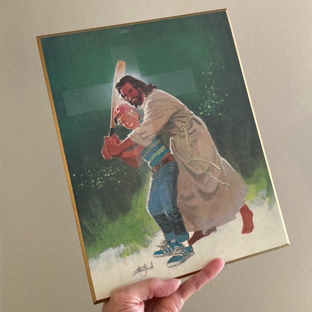 Jesus Baseball cross wall decor hard back gold trim